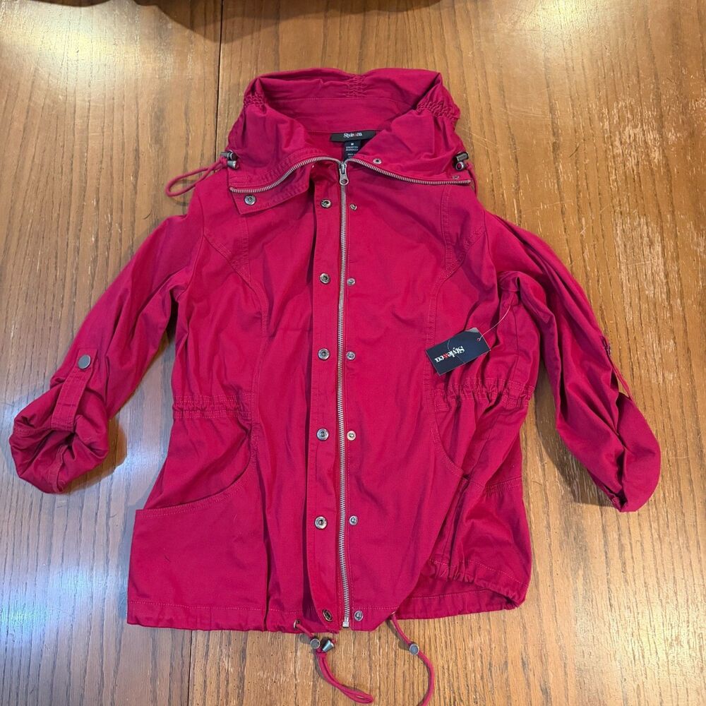 Style & Co Utility Anorak Jacket Berry Red Drawstring Snap Zip Medium NWT